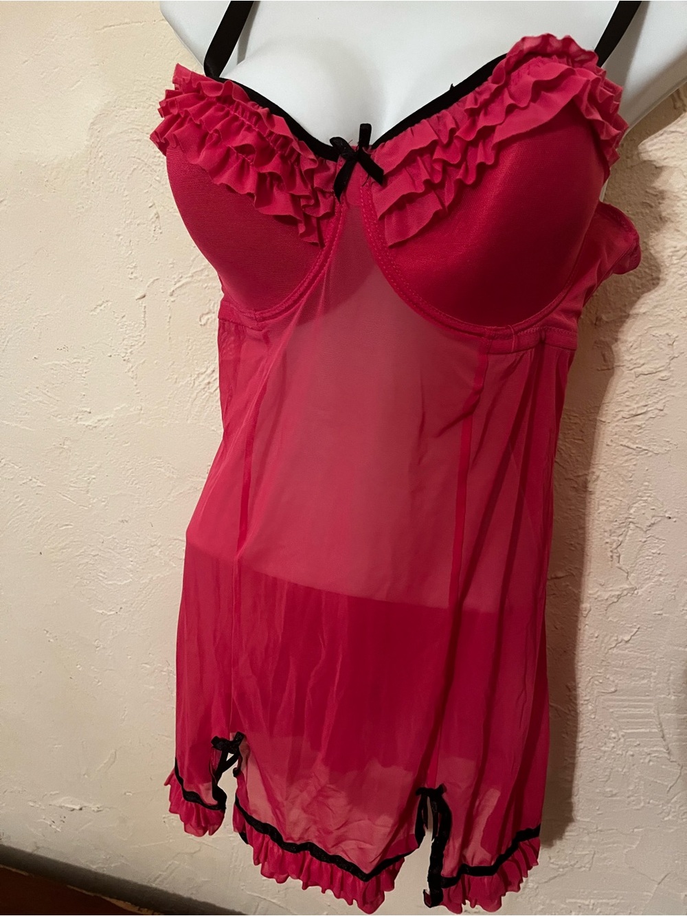 Pink Ruffle Babydoll Chemise with Black Trim